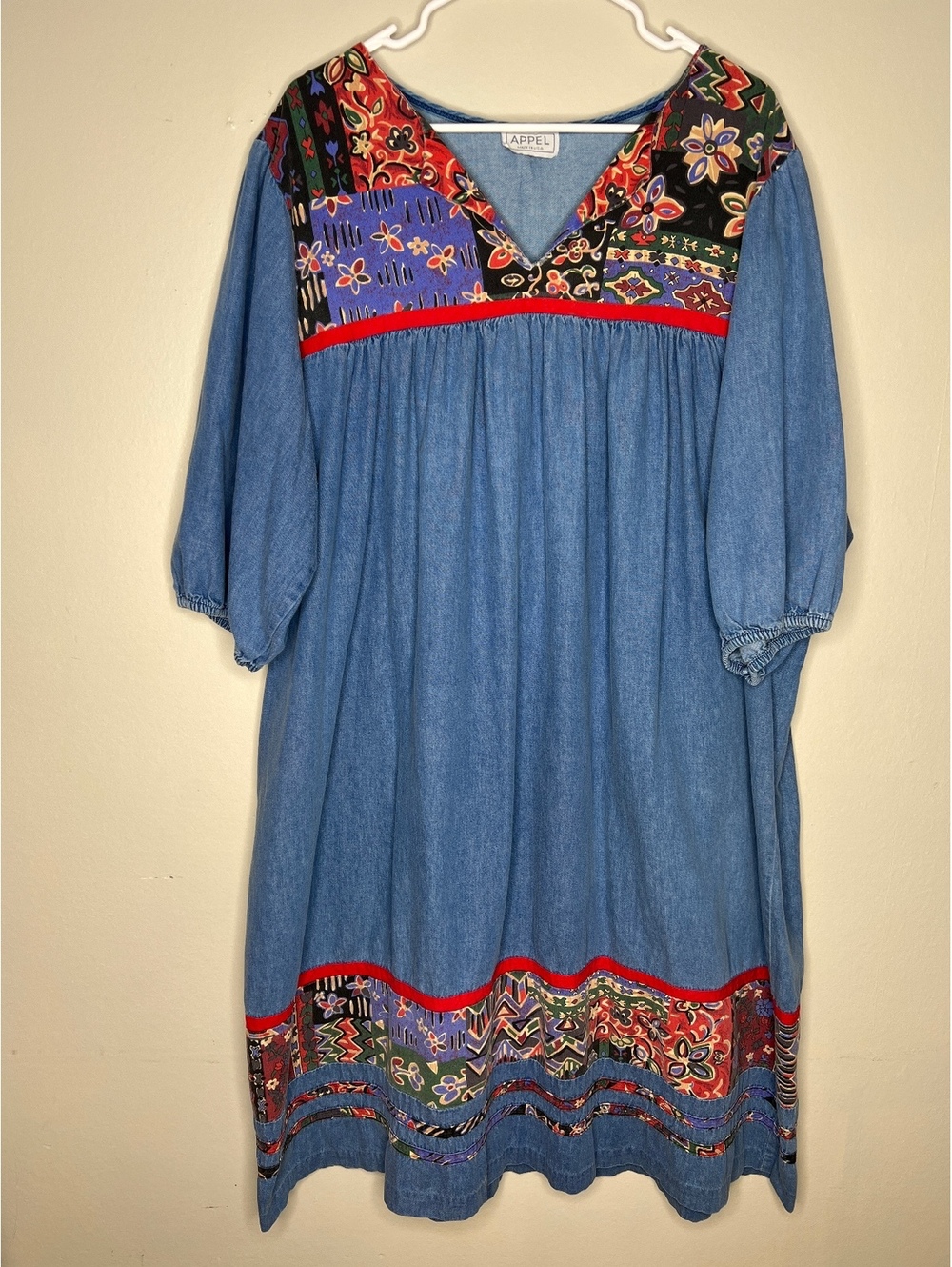 Vintage Appel Denim Dress with Colorful Embroidered Yoke and Balloon Sleeves, XL